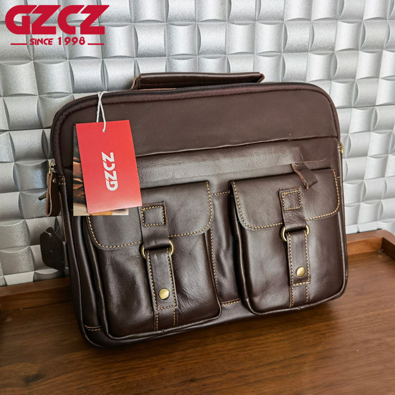 Leather Work Handbags - GZCZ Herren-Handtasche Freizeit-Business-Computertasche aus Rindsleder Horizontaler