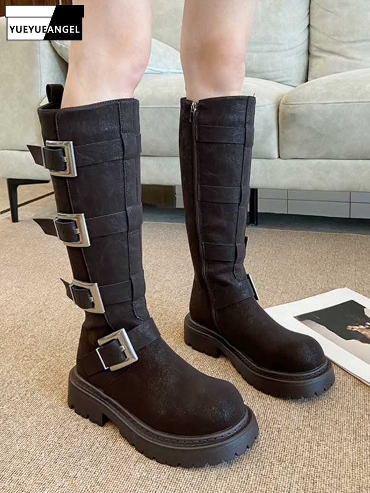 Leatherwork Boots - Modische Damen Multi-Schnallen Kniehohe Stiefel Dicke